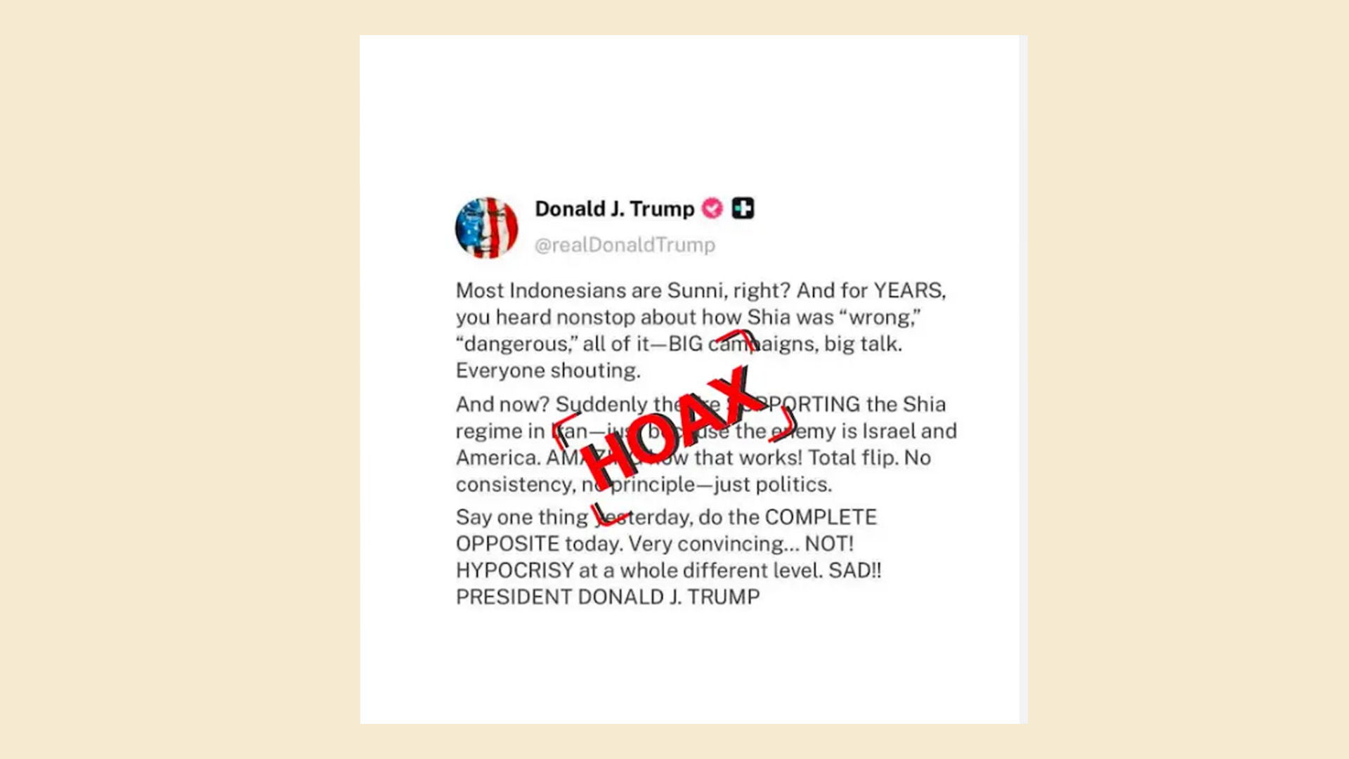 Waspada Hoaks Cuitan Donald Trump yang Memecah Belah Umat di Indonesia